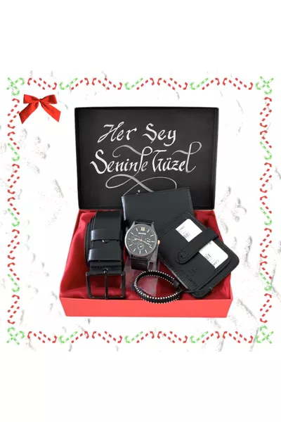 Мужской подарочный набор: черные наручные часы, ремень, кошелек, визитница, браслет