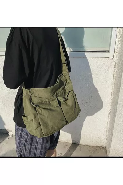 Harajuku Vintage Unisex Kargo Cep Iç Hacmi Geniş Haki Yeşil Postacı Çanta