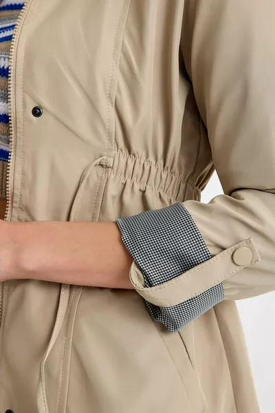 Women's Short Plain Patterned Trench Coat with Drawstring Waist