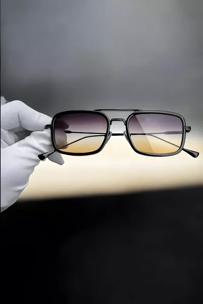 Burby Rechthoekige Unisex Titanium Mat Zwarte Gele Zonnebril