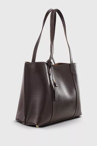 Women's Three-Compartment Brown Leather-Look Shopper Bag 