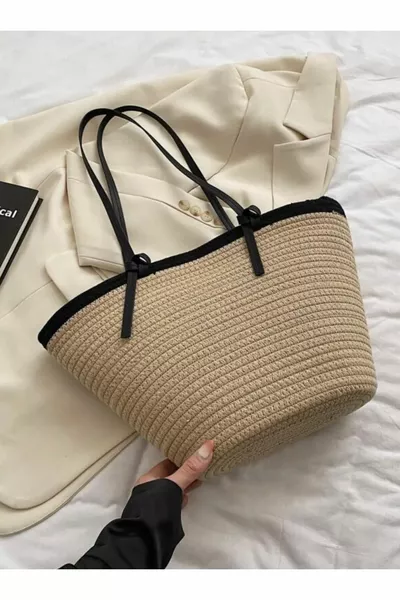 Women's Black Straw Detail Jute Rope Design Beach Bag