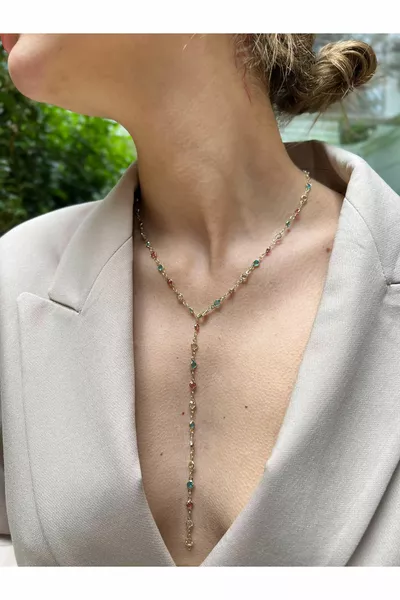 Colored Gemstone Drop Detail Y-Shaped Special Series Necklace with 2 Different Model Options