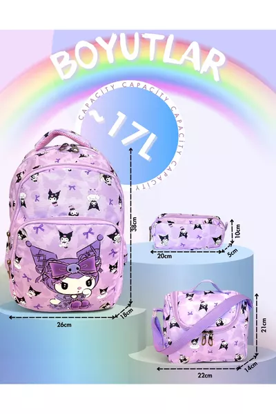 İlk Okul Çantası 3'lü Seti Kız Çocuk Ilkokul Çantası Lila Karakter Desenli