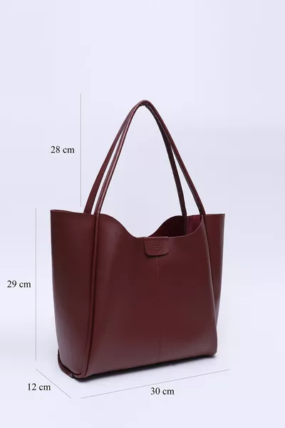 Sac à main et sac d'épaule pour femme en simili cuir bordeaux  avec fermeture à pression et cordon, grande taille, avec trousse de maquillage