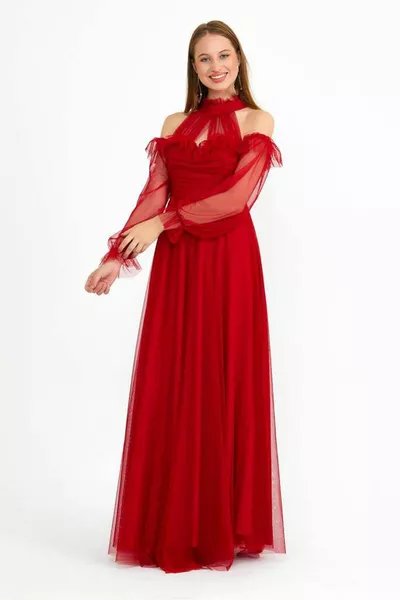 Langes Abendkleid für Damen mit rotem Tüllfall 
