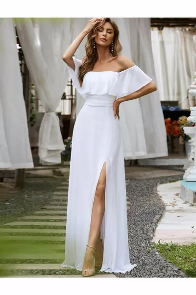 فستان شيفون مفتوح الكتفين بفتحة رقبة كشكش