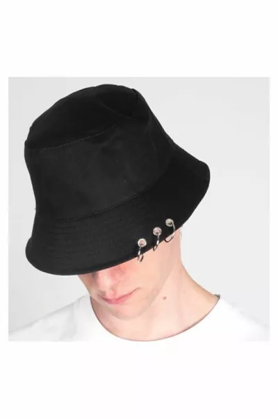 قبعة دلو سوداء بحلقتين وثقب للرجال والنساء