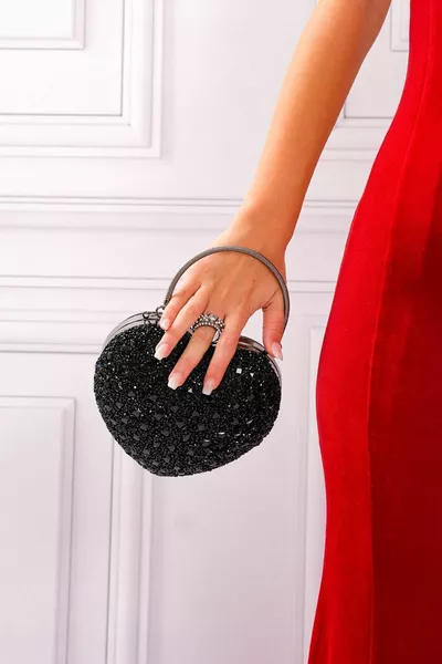 Black Evening Bag with Heart-Shaped Stone for Women