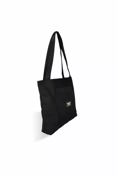 Black 3-Compartment Fabric Bag Shoulder Bag Zippered Shoulder Bag