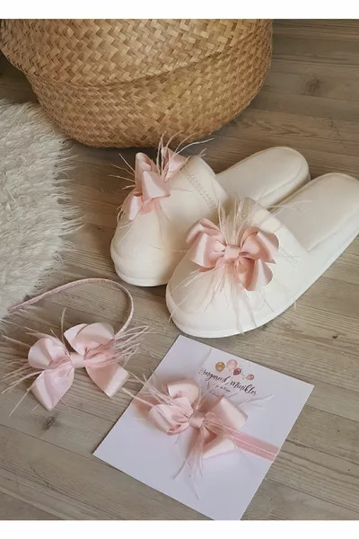 Powder Pink Furry Bow Maternity Crown, Slippers, and Baby Headband Maternity Set – Crown – Crown – Crown