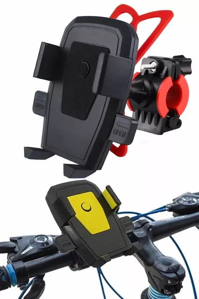 حامل هاتف مع قاعدة مثبتة ومتصلة بمقود الدراجة