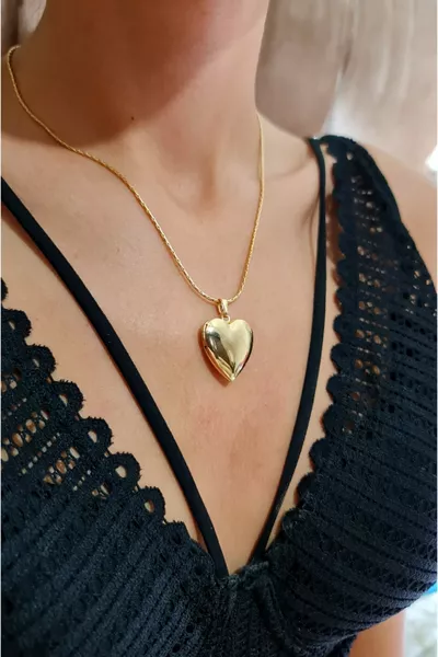 قلادة قلب مسطحة محدبة مطلية بالذهب، قلادة قلب قابلة للفتح، قلادة يمكن وضع صورة فيها