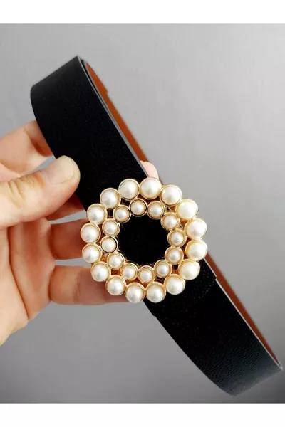 Cintura donna nera-marrone doppia faccia con fibbia rotonda dorata e pietra di perla