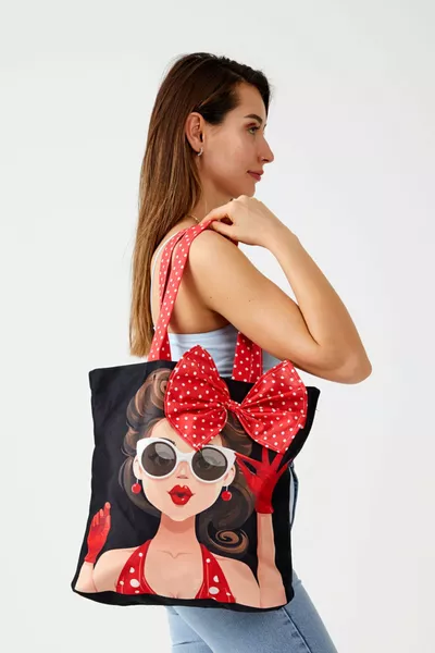 Kadın Kırmızı Siyah Puantiyeli  Popart Bez Plaj Çantası