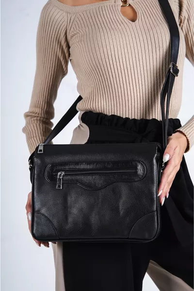 Çapraz Askılı 7 Bölmeli Kadın Siyah Omuz Çantası