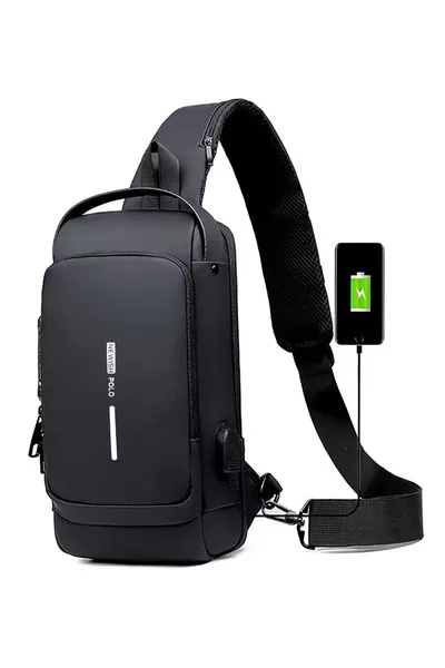 Men's Black Vegan Leather Adjustable Crossbody Chest, Shoulder, and Waist Mini Backpack