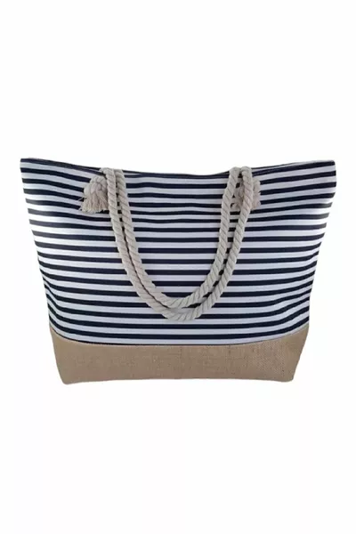 Çok Amaçlı Büyük Boy Plaj Çantası Deniz Çantası Model Hasır Jüt Marine Mavi Çizgili