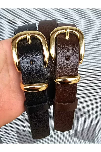 طقم حزام نسائي من جلد أصلي % باللونين الأسود والبني الداكن