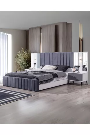 Ensemble de chambre à coucher Stil (Anthracite) (Armoire + Commode + Table de chevet + Lit)