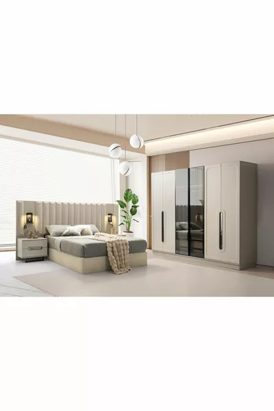 طقم غرفة نوم من MDF 6 أبواب مع رأس سرير كُمّبيجي، مزود بشاحن USB وإضاءة LED