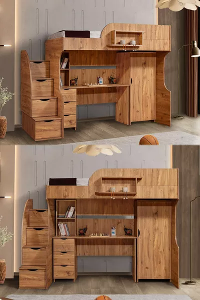 سرير بطابقين، مكتب عمل وخزانة من نوع ليتيرا، جوزي غامق