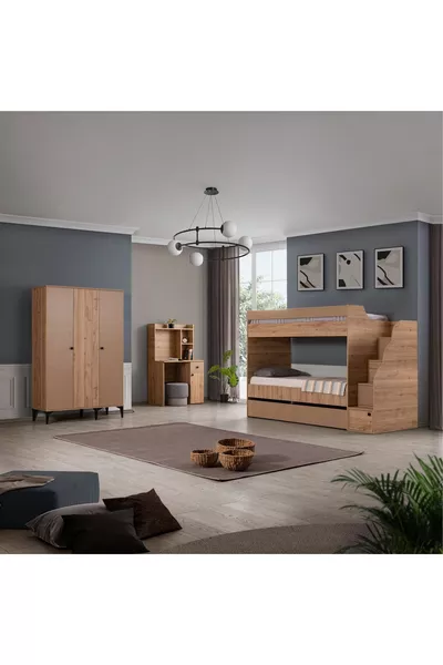 طقم سرير مزدوج مع طابق علوي ريفي 3 قطع