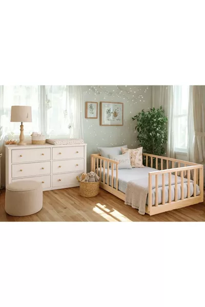 سرير أطفال خشبي طبيعي كبير مستدير بشبك خشبي طبيعي سم × سم خشب طبيعي