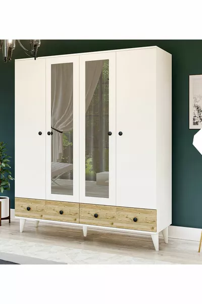 Gm  4-Door 2-Drawer Button-Handle Mirrored White-Atlantic Pine Wardrobe