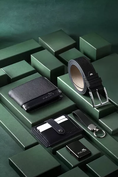 حزام محفظة بطاقة حامل سلسلة المفاتيح أخف الأسود مجموعة في علبة هدية