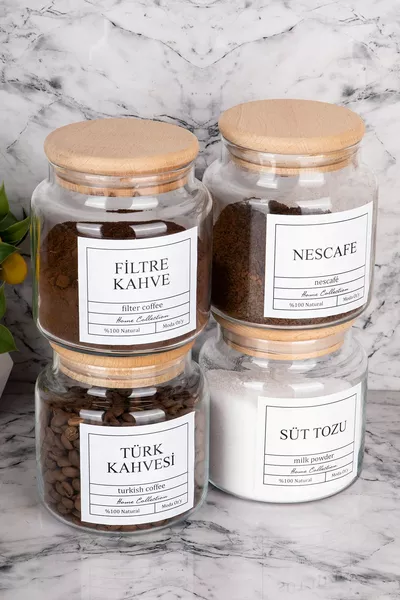 Ensemble de 4 bocaux de conservation étiquetés de  ml avec couvercle en bois pour café filtre, café turc, Nescafé et lait en poudre