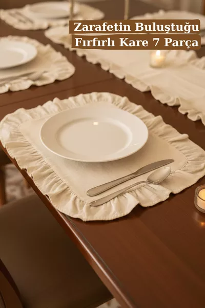 Chemin de table en lin à volants et ensemble de 6 sets de dessous de plat carrés à volants - Ensemble de trousseau de 7 pièces