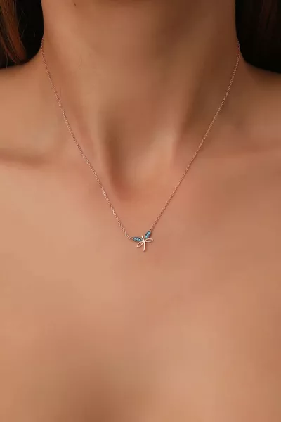 Women's  Sterling Silver Chain Rose Gold Plated Turquoise Stone Minimal Dragonfly Necklace