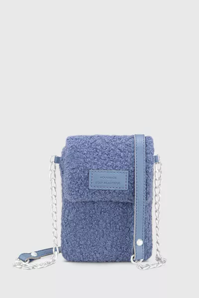 حقيبة هاتف محمول نسائية باللون الأزرق بحمالة كتف وجيب بفرو صناعي 