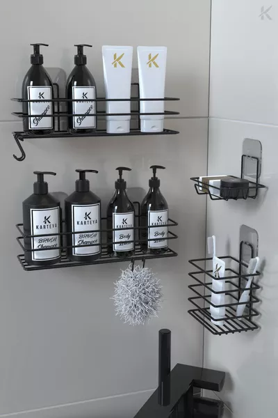 Stainless Steel Adhesive Black Metal Bathroom Shelf Organizer 4-Piece Set Hooked Shower Shelf Soap Rack