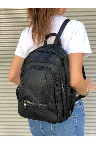 حقيبة ظهر نسائية جلدية سوداء مغسولة