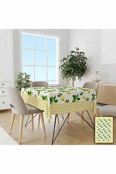 Скатерть без проблем с лимонным узором и клетчатой каймой