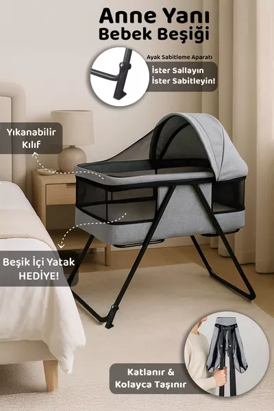 Culla Pieghevole per Bambini - Lettino Portatile Pieghevole con Rete, Culla Oscillante Vicino alla Mamma, Lettino da Parco per Bambini Grigio