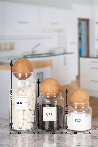 Ensemble de 3 bocaux en bois avec couvercle TOP pour thé, sucre, café et sel, en verre, 3 tailles