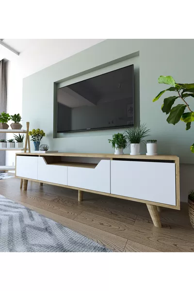 وحدة تلفاز رومانية خشبية بأرجل تلفاز من خشب البلوط الصافي - أبيض