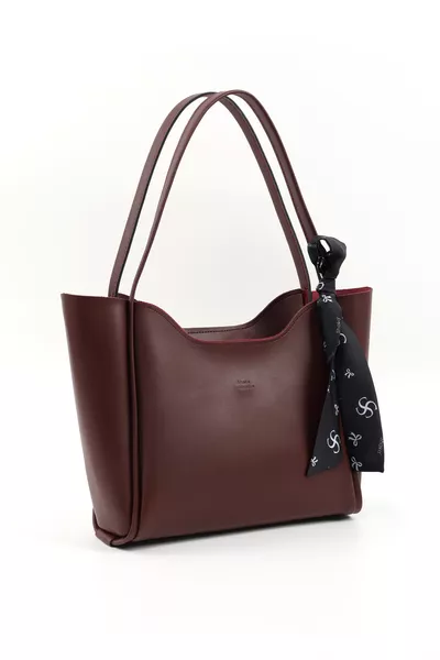 Бордо  Чанта от изкуствена кожа с цип и едно отделение, с подарък шал, за ръка, рамо и през рамо