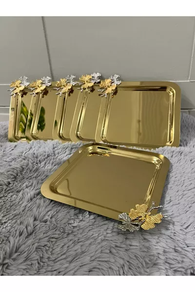 صينية تقديم مربعة بطبقة تيتانيوم ذهبية وجه واحد مع فراشة، 6 قطع