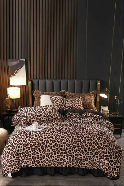 Fitted Sheet Double-Sided Double Bed Duvet Cover Set Leopard