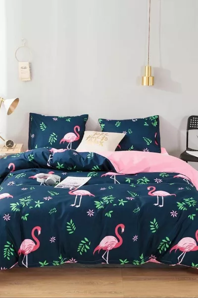 Single Fitted Sheet Reversible Duvet Cover Set Flamingo