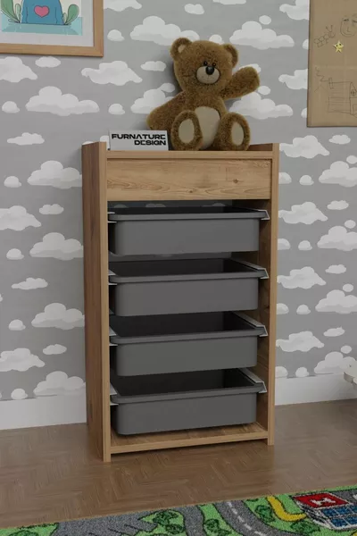 خزانة ألعاب بأربعة رفوف، خزانة مطبخ متعددة الاستخدامات، خزانة خضار، خشب صنوبر أتلانتيك - رمادي