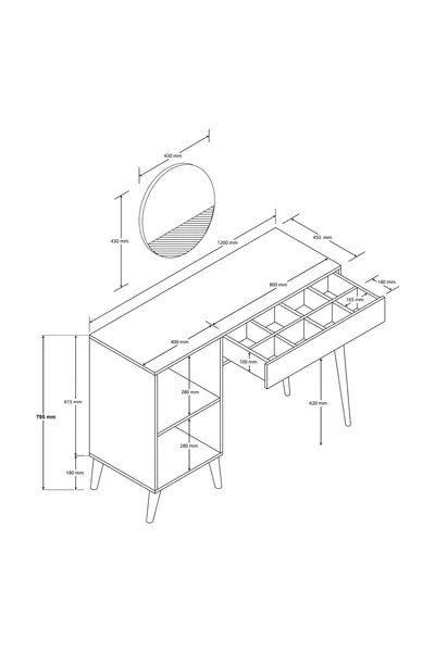 LOVE MIROIR (SUR PIED EN BOIS) TABLE DE MAQUILLAGE AVEC TIROIRS - AVEC PORTES EN MDF BLANC CM