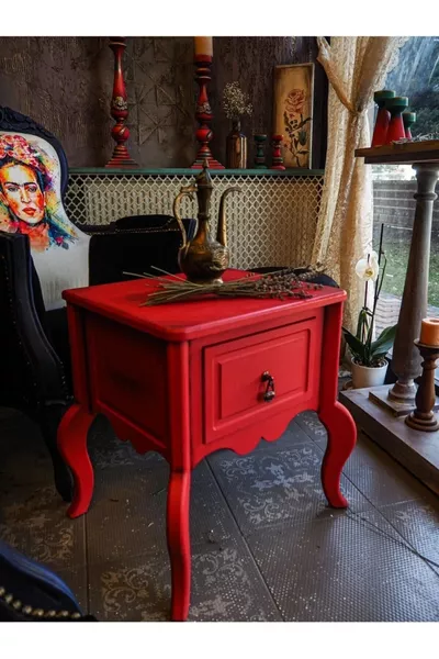 Red Distressed Single-Drawer Nightstand