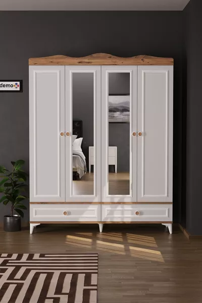 Nova Wardrobe with 4 Doors, 2 Drawers, and Mirror in Atlantic Pine