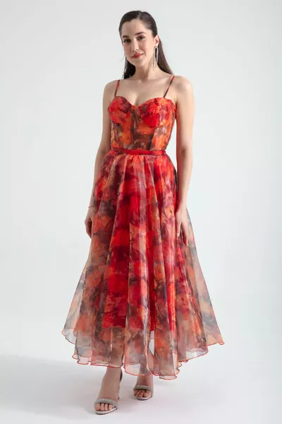 المرأة البرتقالي تصميم الأورجانزا مساء اللباس