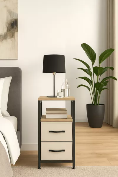 منظم غرفة النوم بطاولة جانبية معدنية مع درج جلدي ورفان